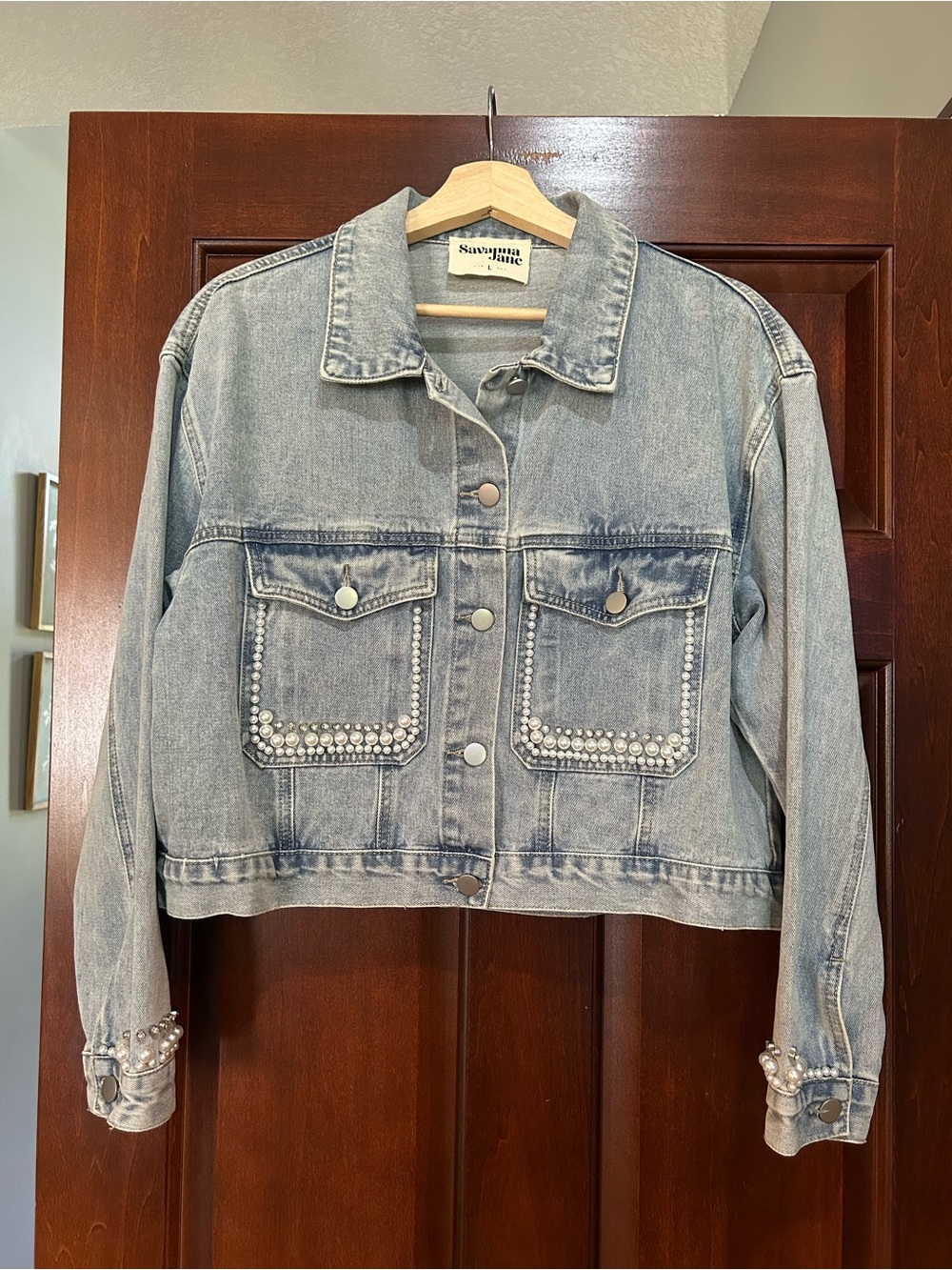 Savanna Jane Pearl Embellished Light Wash Denim Jacket Large Boho